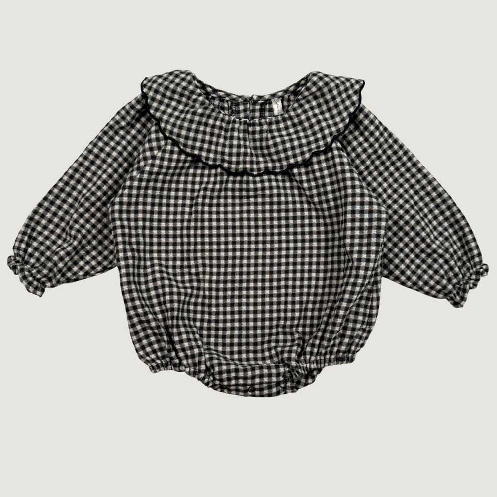 Rylee + Cru Gingham Scallop Collar Bubble Romper Black White 6-12M